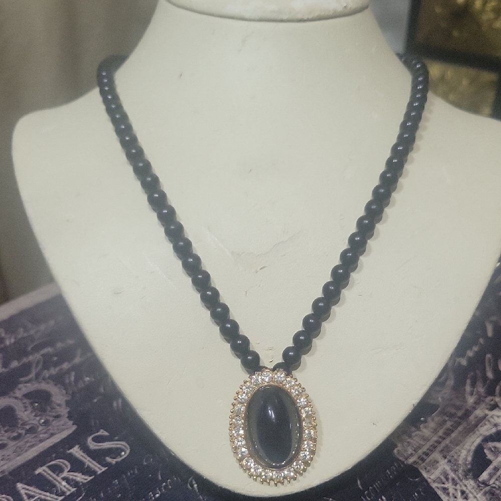 Antique Black Beaded Necklace with Gold Accents & Rhinestones